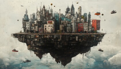 A fantastical cityscape drifting amidst ethereal clouds and navigating boats adding an otherworldly dimension