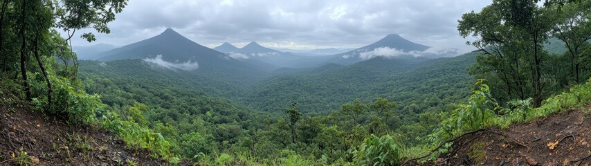 Panoramic view of a lush green forest with volcanic mountains under a cloudy sky.