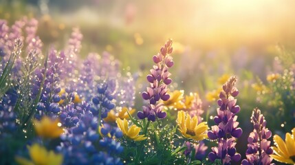 Obraz premium Sunrise over vibrant wildflower meadow with morning dew droplets