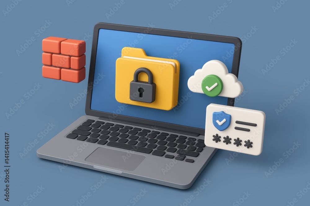Poster digital fortress: a symbolic representation of secure data management, depicting a laptop at the hea
