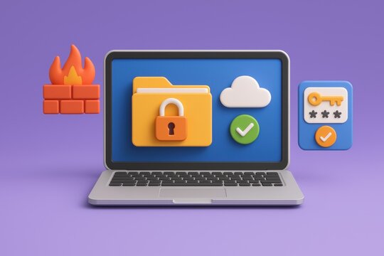 Secure Data Protection:  A 3D illustration depicting secure data protection with a laptop, padlock, firewall, cloud icon, and a secure password sign on a purple background.