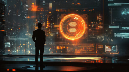 Cybernetic vision: Silhouette contemplates digital future interface complexity