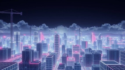 Futuristic Neon Cityscape with Construction Cranes at Night..