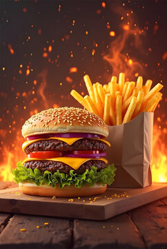 Grilled Cheeseburger with Fries and Fire Background on Wooden Board