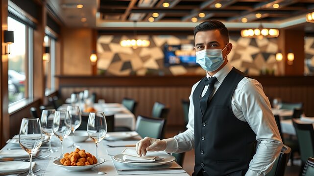 A confident waiter in a face mask sets a table in a modern upscale restaurant diligently prepa for diners.