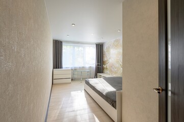 interior room apartment bedroom with bed, cozy place to sleep and relax