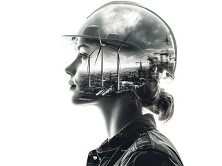 A double exposure photograph on engineer and windmills on a white background