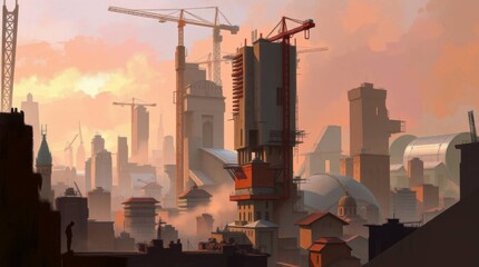 Futuristic Neon Cityscape with Construction Cranes at Night..