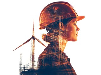 A double exposure photograph on engineer and windmills on a white background