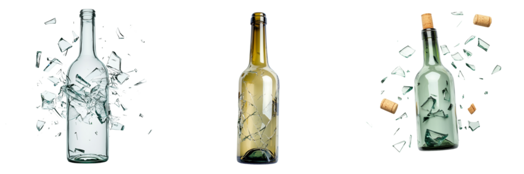 Set of Realistic champagne bottle exploding with cork flying and foam splashing on transparent png background. Ai generated
