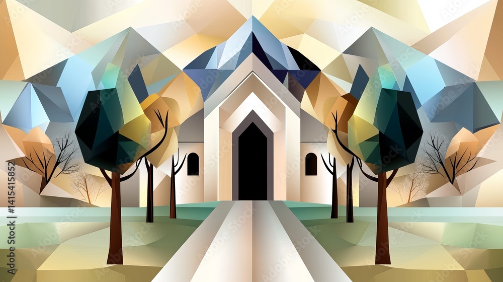 Aufkleber abstract polygonal building stands centered with trees and a path, set against geometric mountain fo