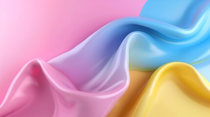 A vibrant 3D liquid abstract background with flowing shapes in neon pink, electric blue, and bright yellow, smooth glossy textures blending seamlessly, soft lighting reflections