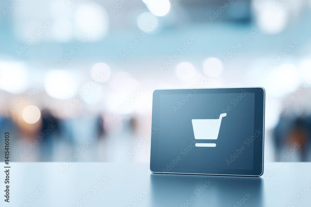 Aufkleber minimalistic scene of online store interface on digital device screen with users in distant backgrou