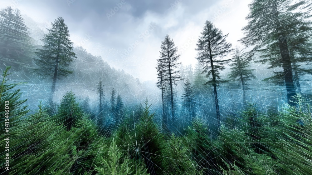 Poster forest network connectivity - misty forest scene with subtle network connections overlayed, evoking 