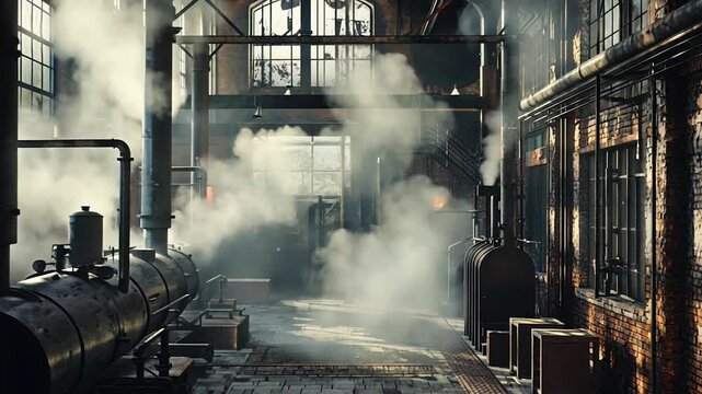 Industrial scene showcasing an abandoned factory with steam, pipes, and rustic architecture