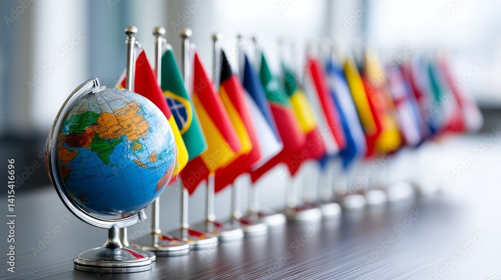Poster global cooperation and international relations - a small globe sits in front of a row of miniature f