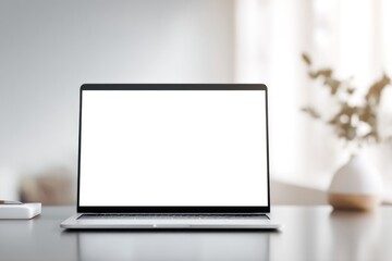 Fototapeta premium modern laptop with blank screen sits on sleek glossy desk surrounded by minimalistic decor
