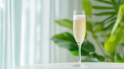 A Champagne glass with a soft golden glow, standing on a white table, against a backdrop of sheer curtains and lush green foliage.  A light, frothy head crowns the drink