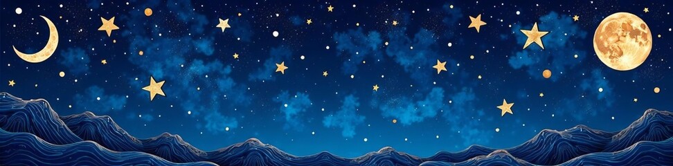 Fototapeta premium Whimsical night sky doodles in seamless pattern, celestial, moon