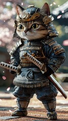 A gallant cat samurai, clad in ornate armor, proudly stands with two katanas.