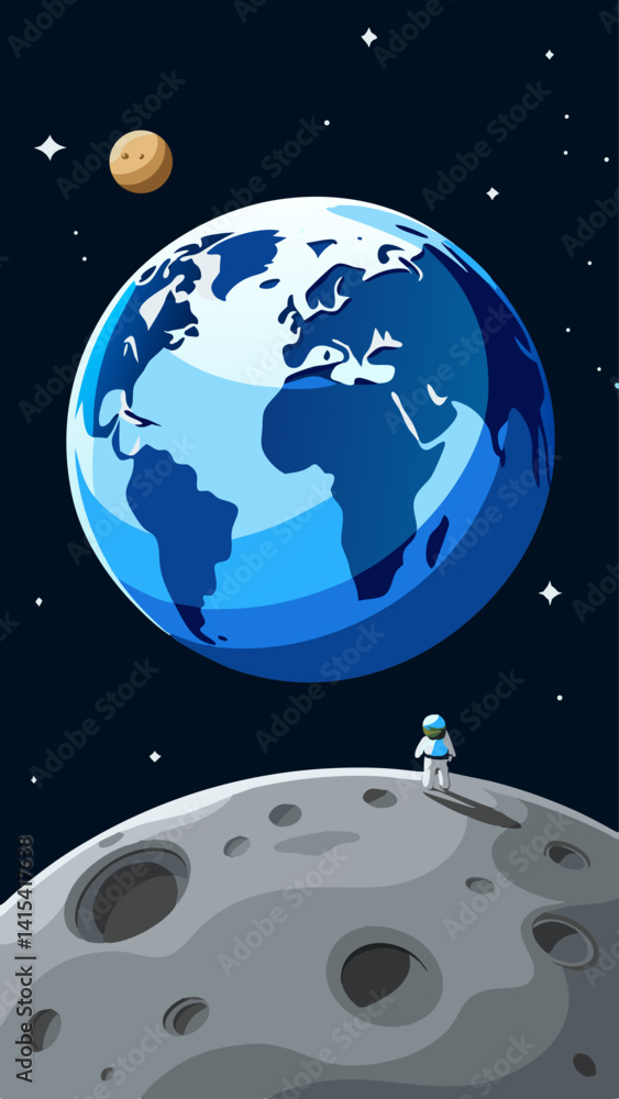 Poster a man in a spacesuit stands on the surface of a moon. the moon is in the background, and the man is 