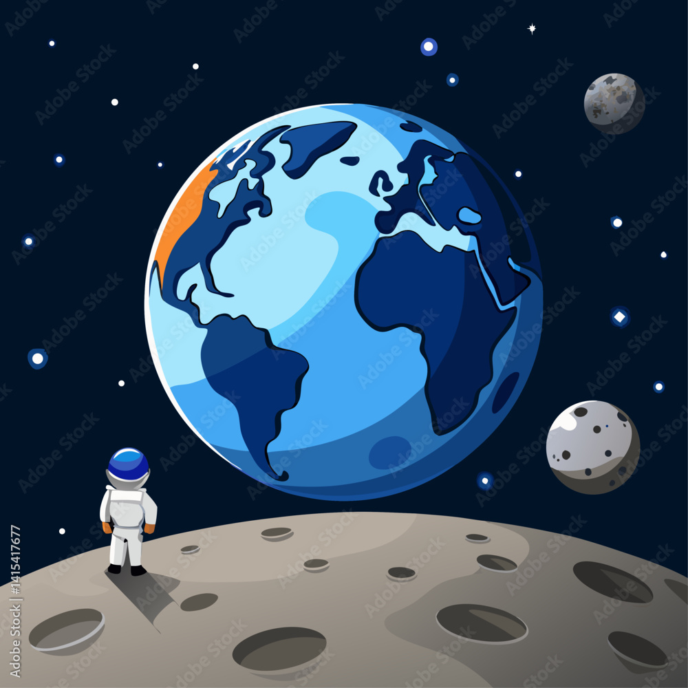 Poster a man in a spacesuit stands on the surface of a moon. the moon is in the background, and the man is 