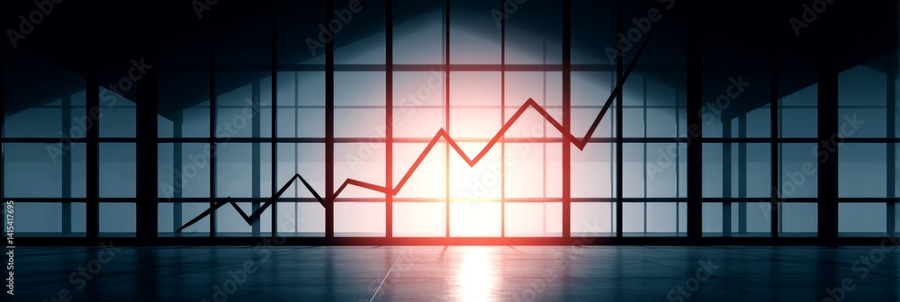 Poster growth chart in modern office - a rising line graph projected onto a large window in a modern office