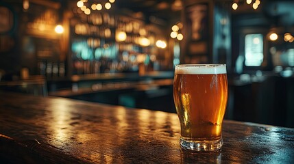 Frosty pint of amber ale on a pub bar.
