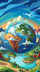 A colorful drawing of the Earth with mountains and a large planet in the background. The drawing conveys a sense of wonder and awe at the vastness of the universe