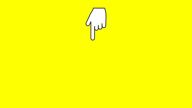 Animated downward pointing hand icon. Animation of hand direction on yellow background. HD video with alpha channel