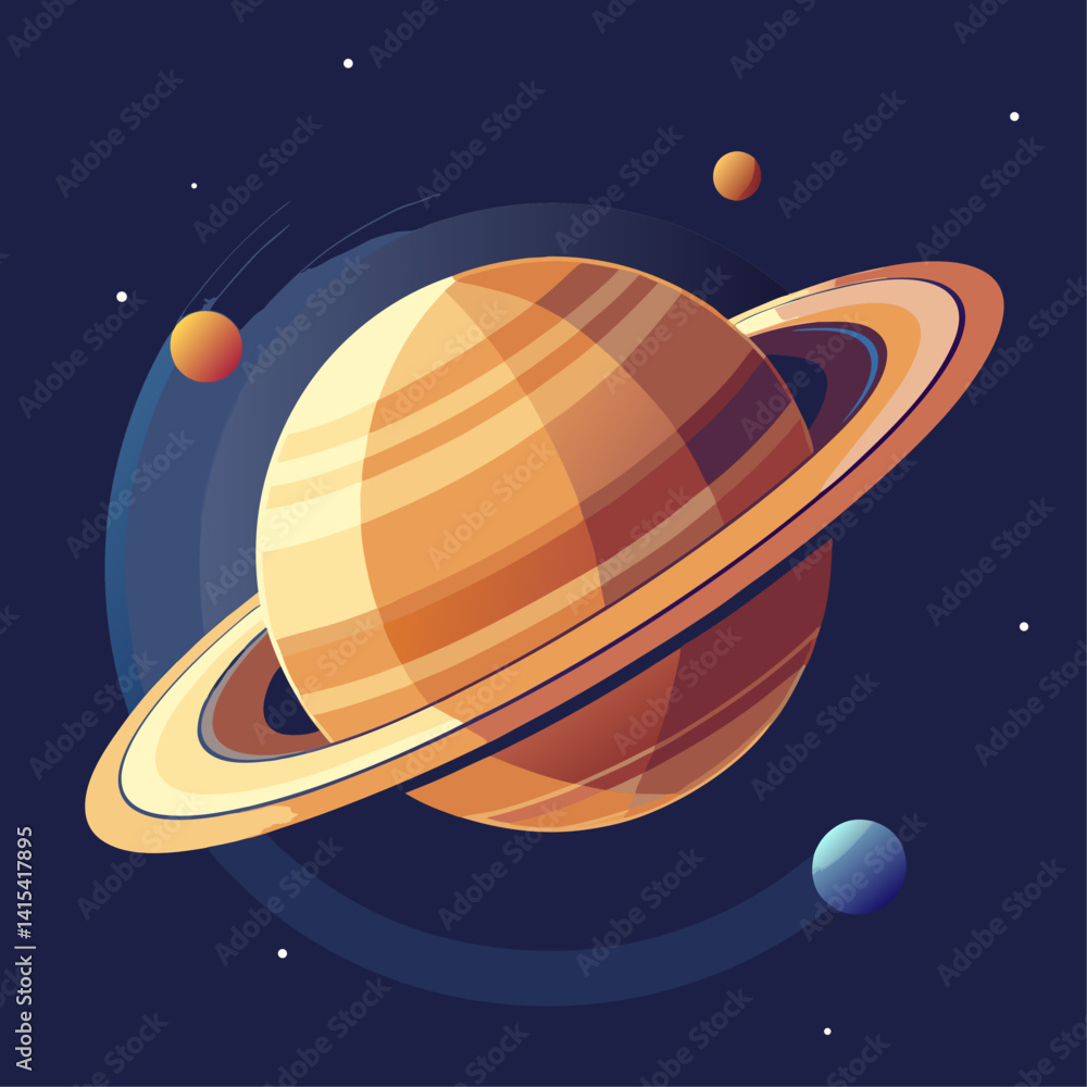 Poster a large yellow planet with a ring around it is surrounded by three smaller planets. the scene is set
