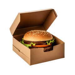 Craft open brown burger eco box isolated on transparent background.