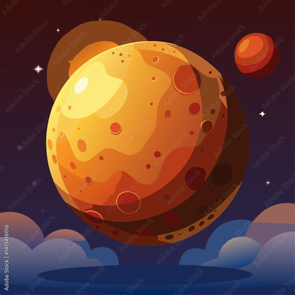 Poster a blue planet with a blue stripe on it. the planet is surrounded by clouds. the sky is dark and the 
