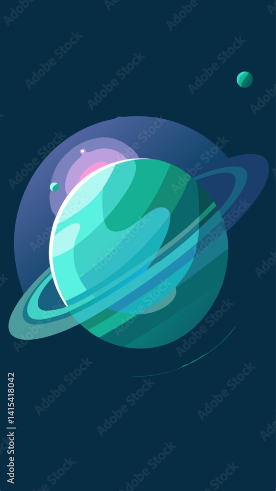Poster a large, blue planet with a ring around it, surrounded by two smaller planets. scene is calm and tra