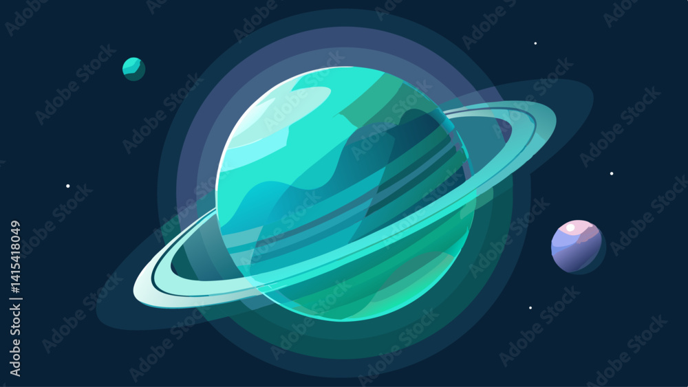 Poster a large, blue planet with a ring around it, surrounded by two smaller planets. scene is calm and tra