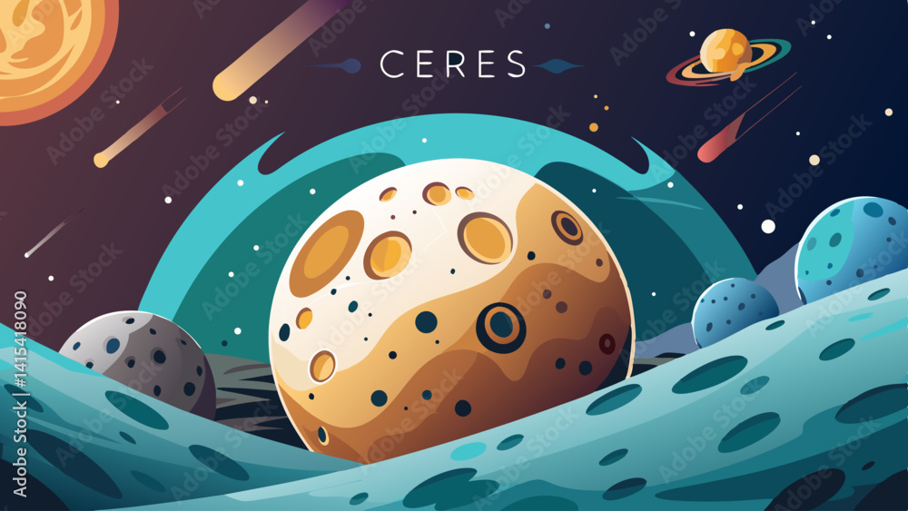 Poster a colorful space scene with a large planet in the center and a smaller planet in the background. the
