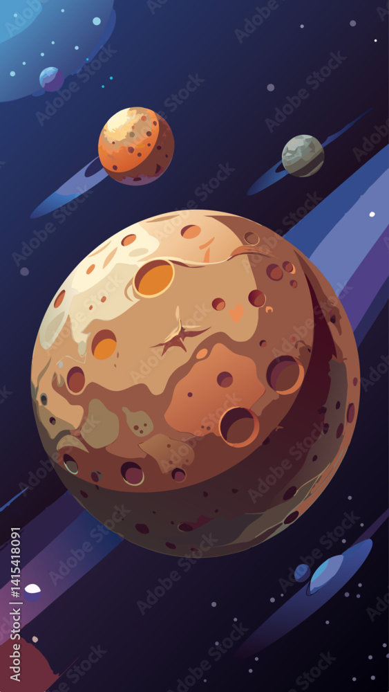 Poster a colorful space scene with a large planet in the center and a smaller planet in the background. the