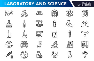 Laboratory and science line icon set. Research, DNA, scientific, analysis, test, chemical, microscope, bunsen burner, pipette, outline icon collection. UI thin outline icon pack
