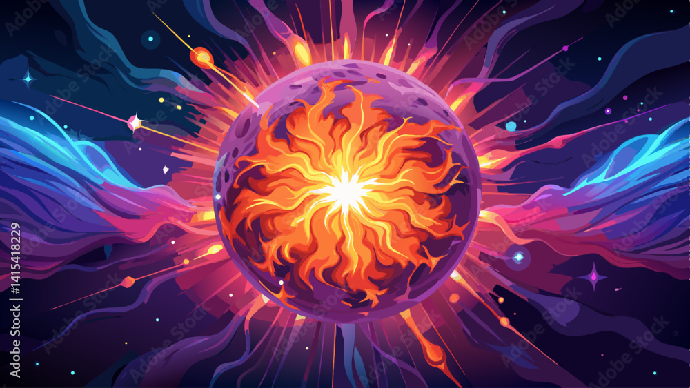 Poster a colorful explosion of light and color with a bright yellow center. the explosion is surrounded by 
