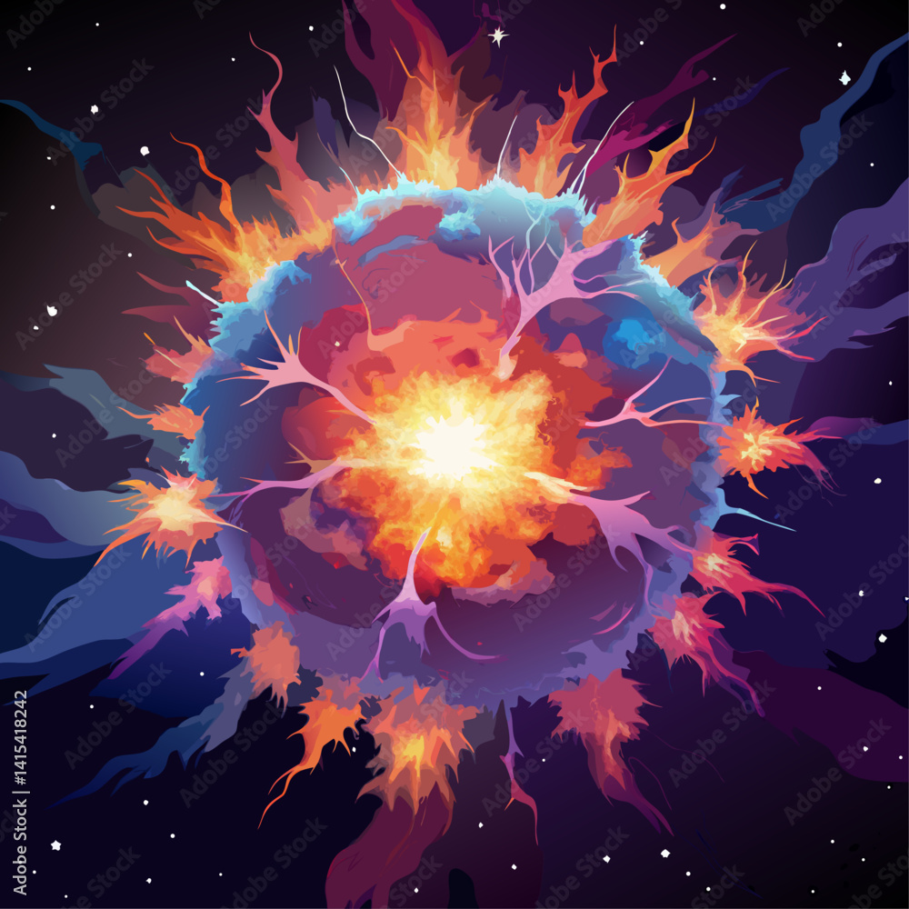 Poster a colorful explosion of light and color with a bright yellow center. the explosion is surrounded by 