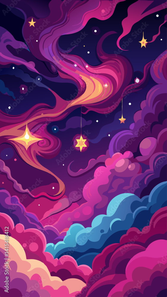 Poster a colorful space scene with pink clouds and stars. the sky is filled with a variety of shapes and si
