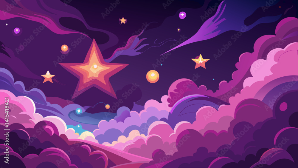 Poster a colorful space scene with pink clouds and stars. the sky is filled with a variety of shapes and si