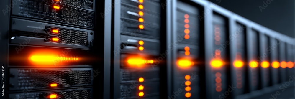 Poster high-performance server rack data center - rows of illuminated servers in a modern data center, show