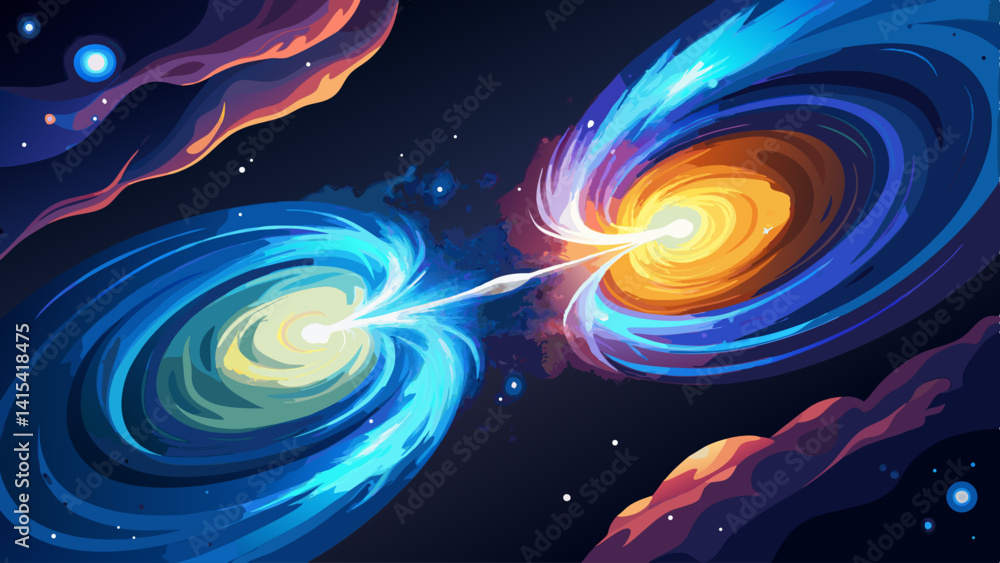Poster two spiral galaxies are colliding in space, creating a beautiful and dynamic scene. the colors of th