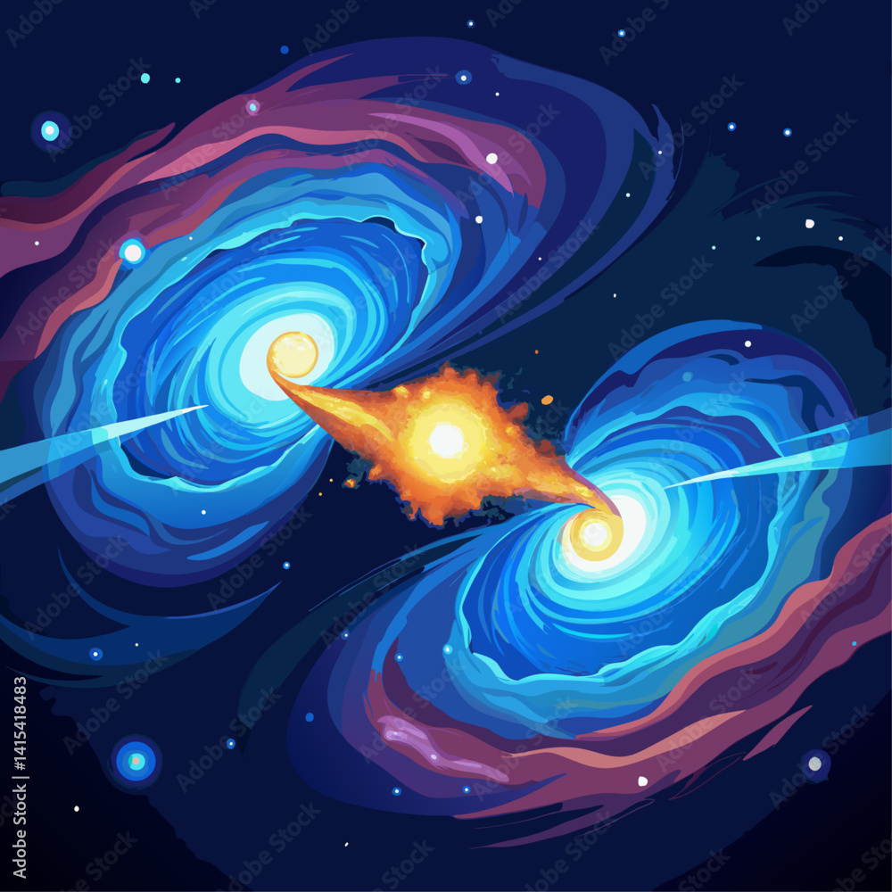 Poster two spiral galaxies are colliding in space, creating a beautiful and dynamic scene. the colors of th