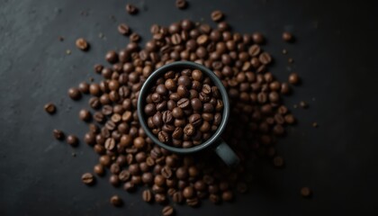 A coffee cup filled with roasted coffee beans, sitting on a dark textured background, creating a moody and inviting atmosphere.