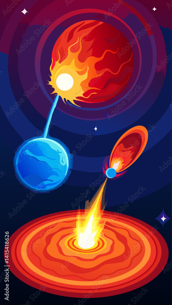 Poster a space scene with a red planet and a blue planet. a spaceship is flying towards the red planet