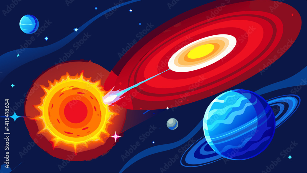 Poster a space scene with a red planet and a blue planet. a spaceship is flying towards the red planet