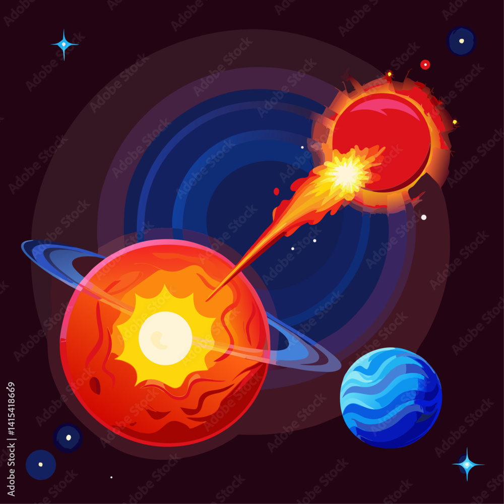 Poster a space scene with a red planet and a blue planet. a spaceship is flying towards the red planet