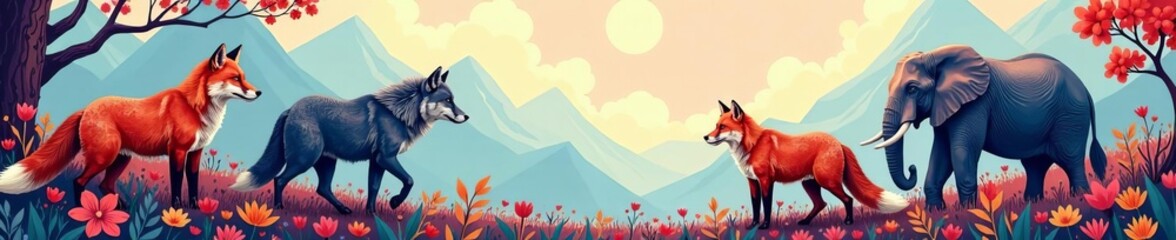 Vibrant vector illustrations of animals like foxes, wolves, and elephants, furry, fauna